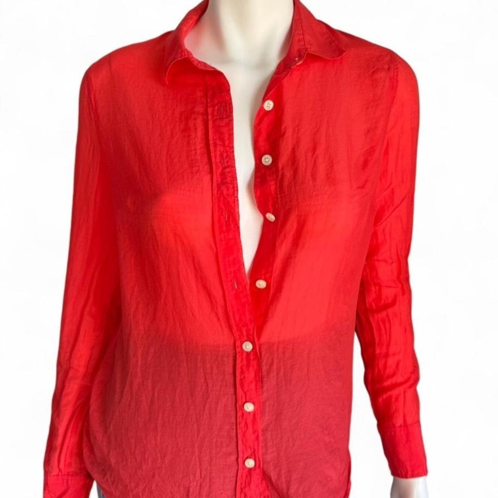 J Crew Red Cotton Silk Blend Button Up Blouse Lightweight Semi Sheer Long Sleeve